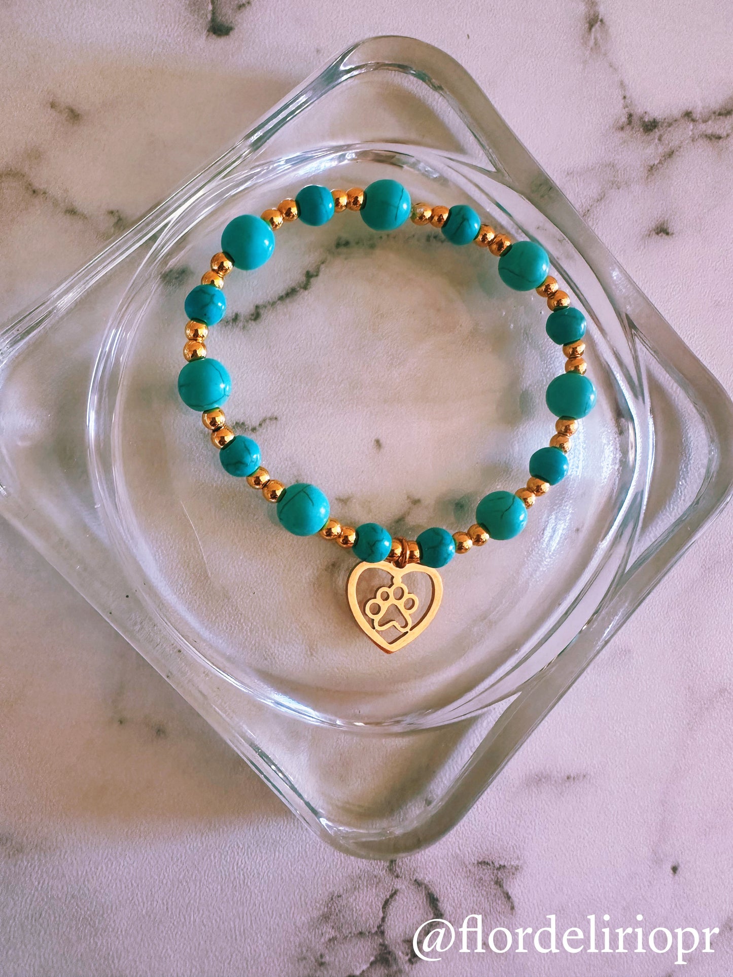 Turquoise stones gold heart in a paw bracelet