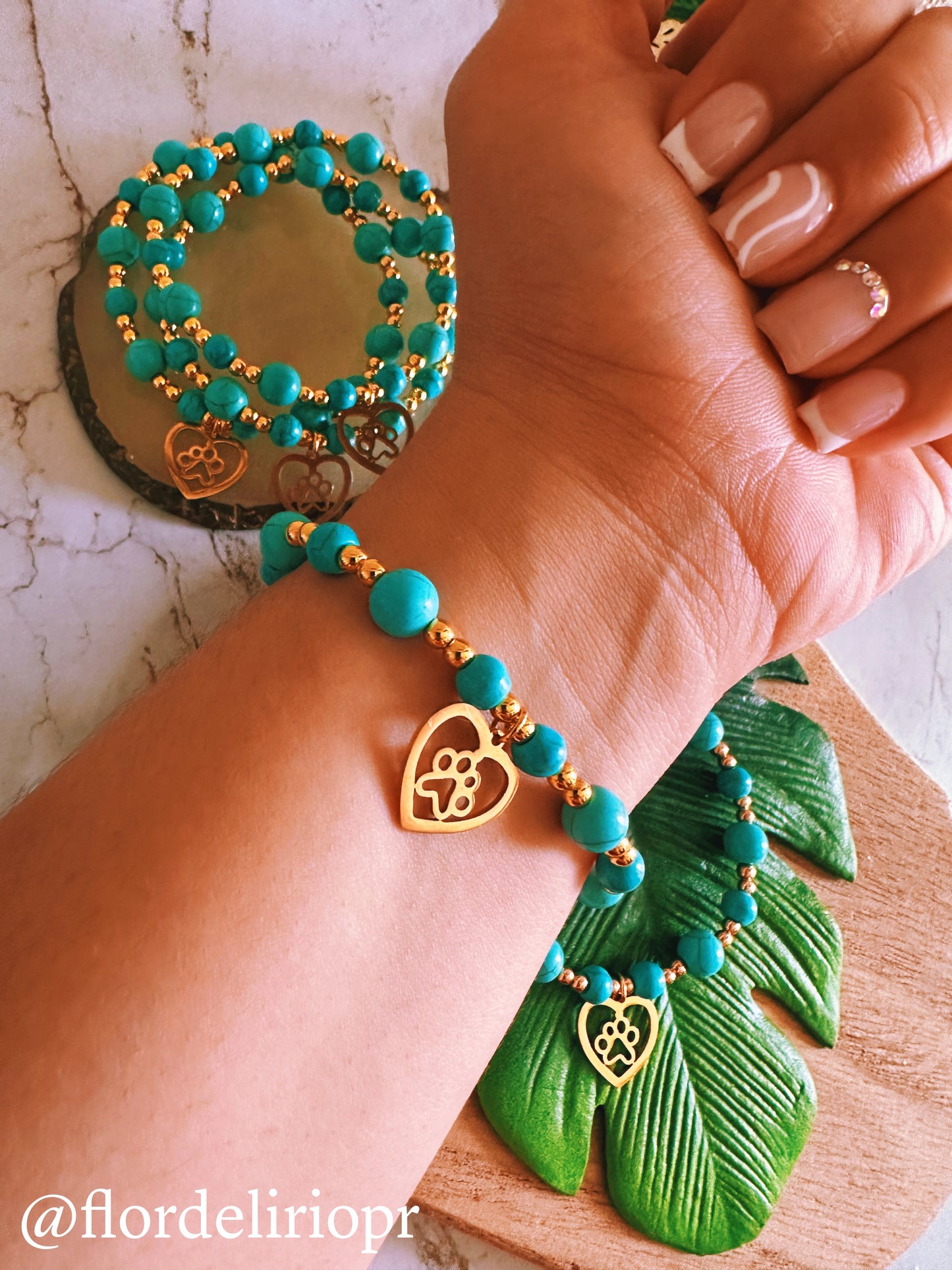 Turquoise stones gold heart in a paw bracelet