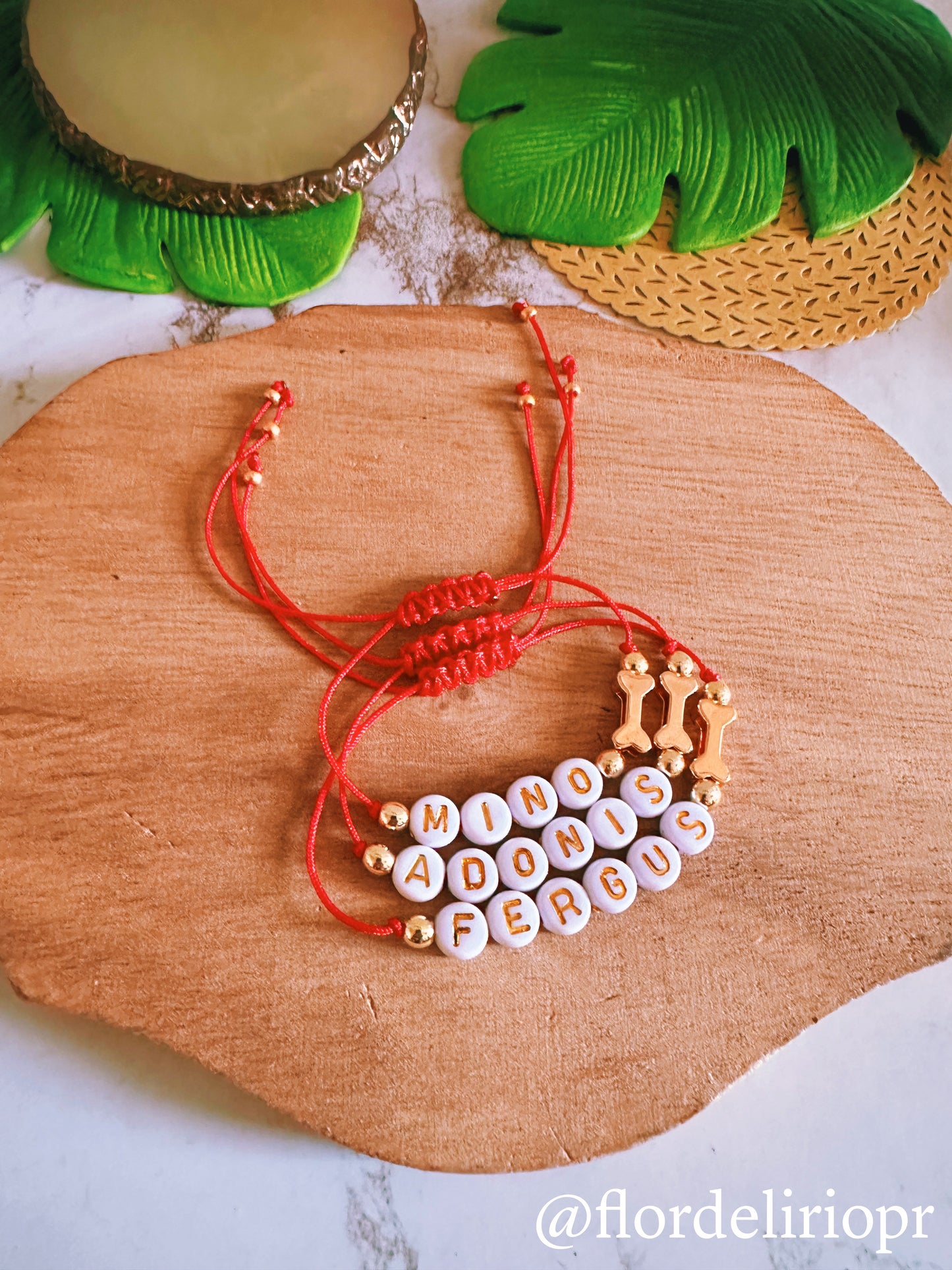 Red nylon gold pet name bracelet