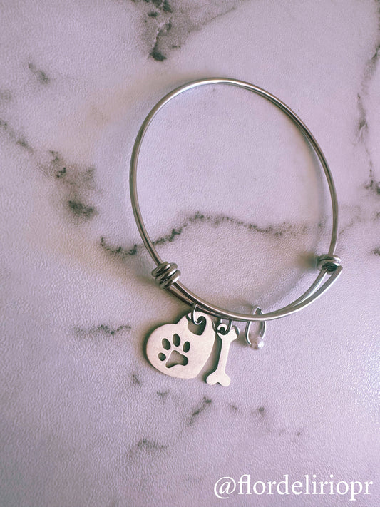 Silver paw and dog bone bangle