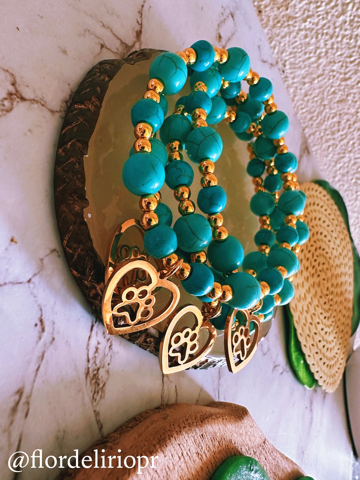 Turquoise stones gold heart in a paw bracelet