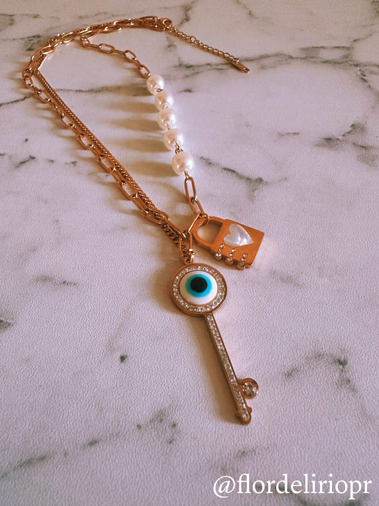 Evil eye and heart lock necklace